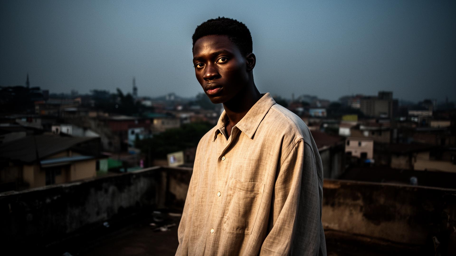 CACTUS — Ugandan model on Kampala rooftop at dusk wearing oversized linen overshirt