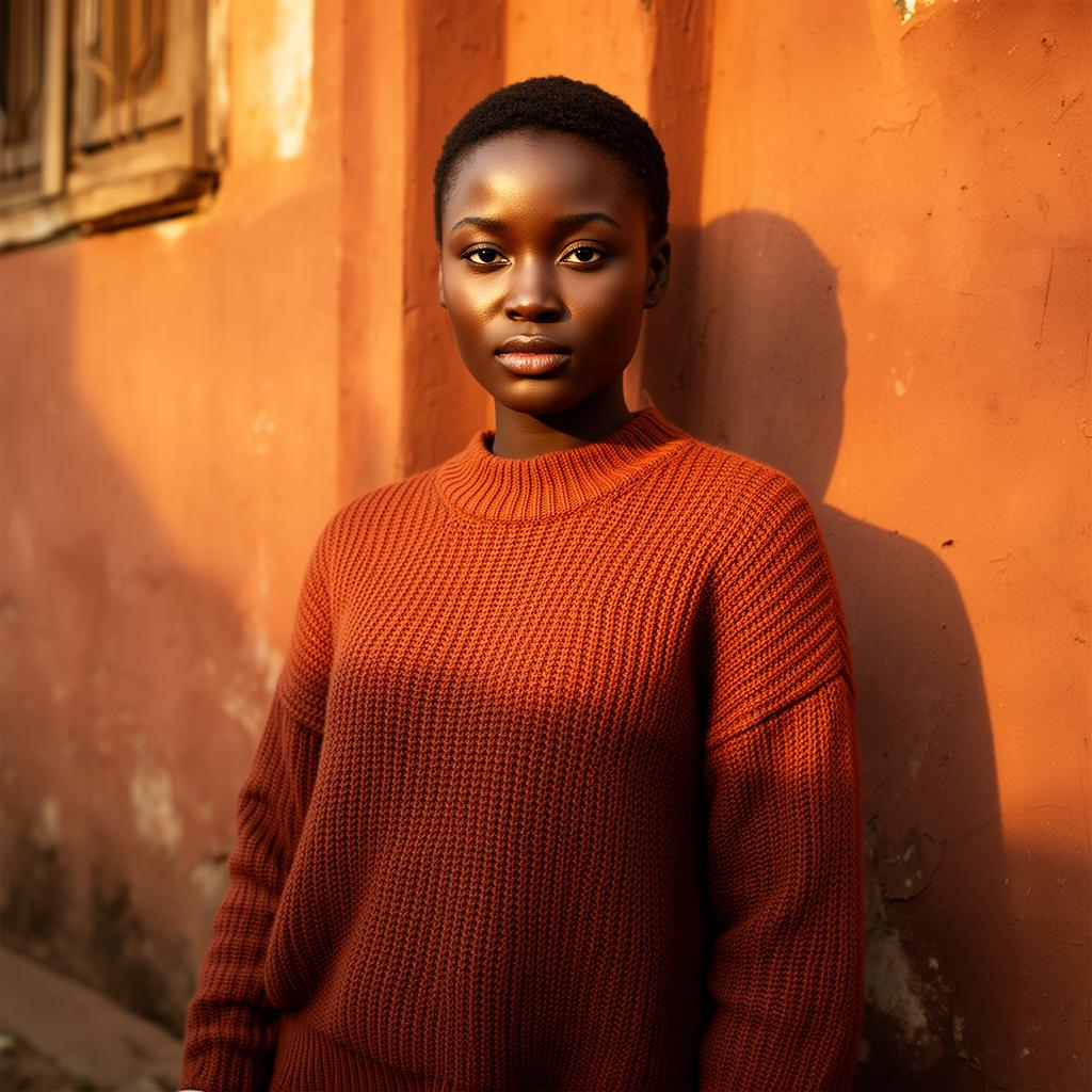 Model in rust knit against terracotta wall in Old Kampala